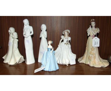 Three Coalport figures: 'Midsummer Dream', 'Thoughtful', 'Nina' (a/f), two Royal Worcester figures, 'Friendship', 'Congratula