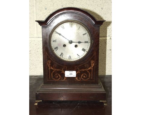 An inlaid mahogany mantel clock of arch form, with French drum gong-striking movement, 33cm high and a dwarf long case clock 