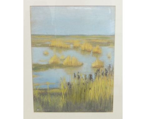 Unsigned, 'Water Reeds', pastel, 38.5 x 29cm, an unsigned oil on board, 'Landscape', 20.5 x 26cm, an unsigned watercolour, 'M