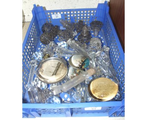 A set of eight glass drawer handles, three glass circular paperweights, decanter stoppers and other items.
