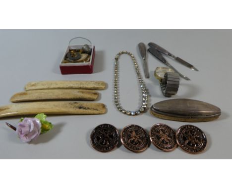 A Box of Sundries to Include Wrist Watch, Manicure Tools, Thimbles, Bone Sticks