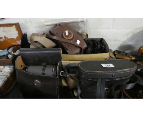 A Tray of Sundries to Include Two Pairs Cased Binoculars, Vintage Purma Camera, Camcorder etc