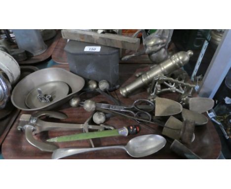 A Tray of Metal Wares to Include Pewter Tea Caddy, Brass Study of Rearing Horse, Brass Cannon, Brass Anchor etc 