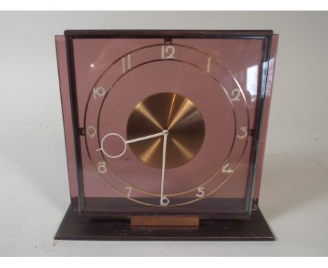 An Art Deco Pink Glass Mantle Clock with Eight Day Movement, 16cm High 