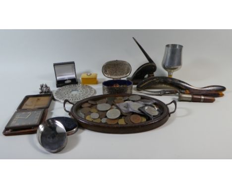 A Tray of Curios to Include Coins, Letter Stamp, Travel Alarm Clock, Oval Boxes Etc 