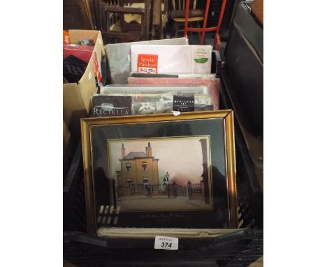 A Collection of Various Bed Linens and a Lowry Print 