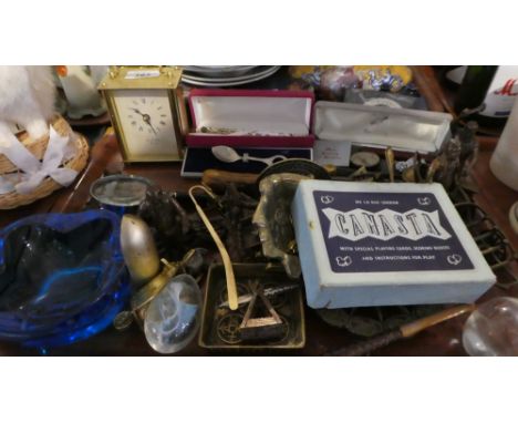  A Tray of Curios to Include Various Metal and Brass Ornaments, Glass Paper Weights, Playing Cards, Magnifying Glass etc