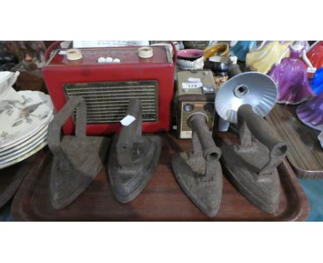 A Tray of Sundries to Include Five Flat Irons, Vintage Hacker Radio, Box Camera