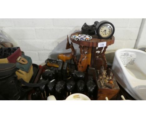 A Tray of Treen Ware to Include Six Elephant Figures, Elephant Bookends, Animal Figures, Stool Etc
