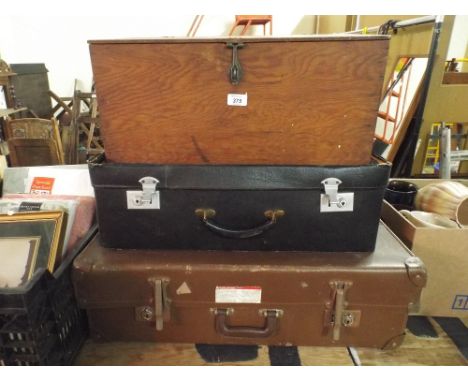 Two Vintage Suitcases and a Plywood Box Dated 1943