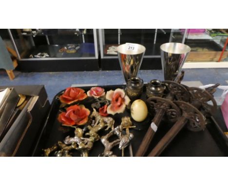 A Tray of Metal Wares to Include Animal Ornaments, Pair of Vases, Camera Tripod, Goblets, Floral Ornaments
