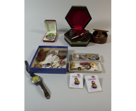 A Collection of Enamelled Badges, Novelty Pipe, Cheroot Holders, Carved Treen Scoop, Wrist Watch etc