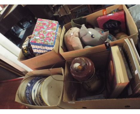 Four Boxes of Sundries to Include Soft Toys, Books, Hurricane Lamp, Blue and White Plates, Sewing Box