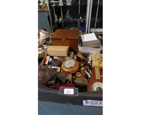 A Box of Sundries to Include Printing Blocks, Barometer, Doorbell, Coasters, Coins, Ornaments etc