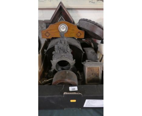 A Box Containing Various Mantle Clock Surrounds etc