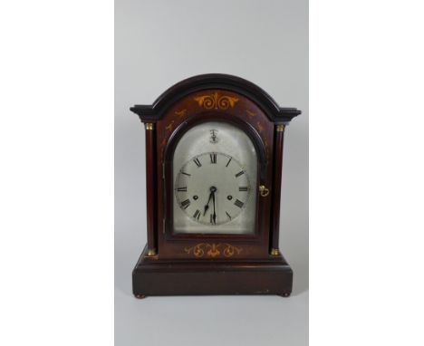 An Edwardian Inlaid Mahogany Bracket Clock with Arched Top and Turned Pilasters, 41cm High 