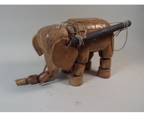 An Indian Carved Wooden Elephant Puppet Toy, 24cm High 