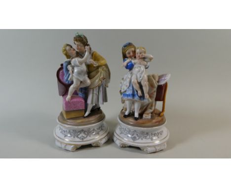 A Pair of Continental Porcelain Figure Groups Possibly Table Lamp Stands, 23cm high 