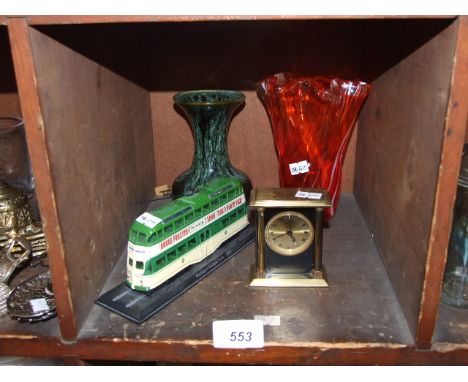 2 VASES, SMALL CARRIAGE CLOCK AND MODEL OF BLACKPOOL BALLON TRAM 1960 