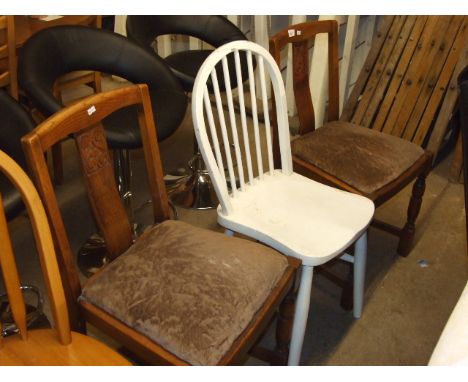 2 OAK CHAIRS AND 1 STICK BACK CHAIR