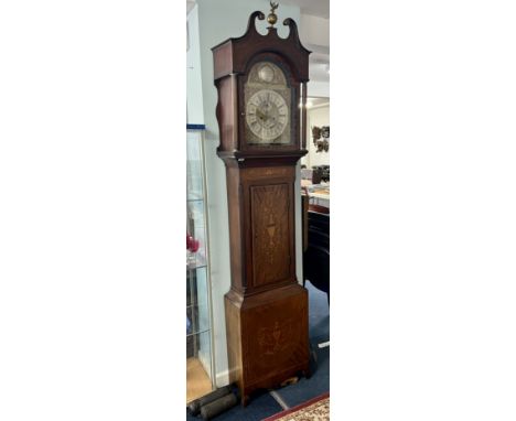 A 19th century longcase clock, the arch silvered and brass dial signed, Nathan Ganthrop, Skipton , with mahogany and marquetr