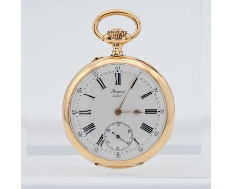 A French 18ct gold open face pocket watch, signed Breguet 3547, the white dial with roman numerals and an Arabic numeral oute