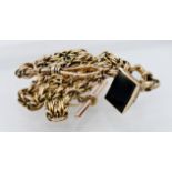 An unmarked watch chain with T bar and hardstone set fob, length 39cm, total weight approx 40.9g