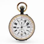 A steel chronograph pocket watch with outer early tachymeter track for racing and written 'Miles Per