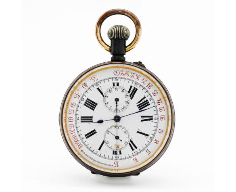 A steel chronograph pocket watch with outer early tachymeter track for racing and written 'Miles Per Hour from 1/4 Mile Dista