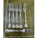 Set 6 heavy gauge London (GA) silver dinner forks, approx 20.25oz.