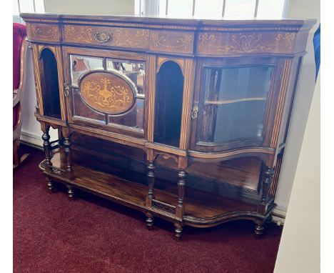 Edwardian rosewood and marquetry inlaid side cabinet fitted with glass serpentine doors and lower display shelf, with Maples 