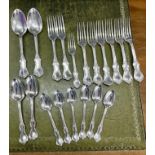 A collection of Victorian London flatware, mixed makers, comprising 9 forks and 10 spoons, approx