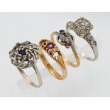 4 various dress rings, including 18 c ruby stone ring (lacks 2 stones), weight 2.9g, a 14 cut