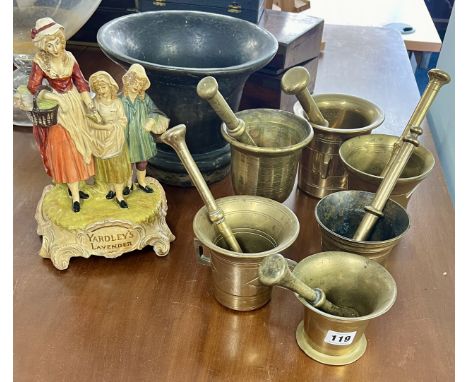 A collection of six chemist brass pestle and mortars, including a large 19th century large bronze mortar embossed '1825', dia