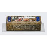 A rectangular compact with enamel scene, the hinge lid with mirror and lipstick box made in Italy,