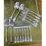 A collection of silver flatware incl 4 Georgian London table spoons, 5 Georgian Exeter table