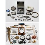 A collection of various items including old pocket watches, silver, sundry brooches, wristwatch,