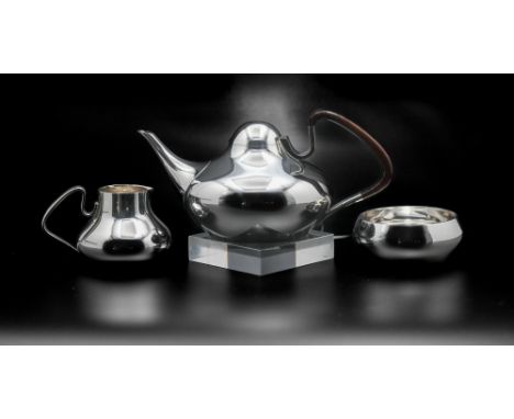 Henning Koppel for George Jensen, a Danish Modernist Sterling Silver 3 piece tea service, model 1017, comprising pear shaped 