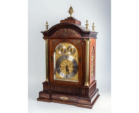 An impressive brass inlaid rosewood musical boardroom clock with triple fusee movement, late 19th century, the gilded brass a