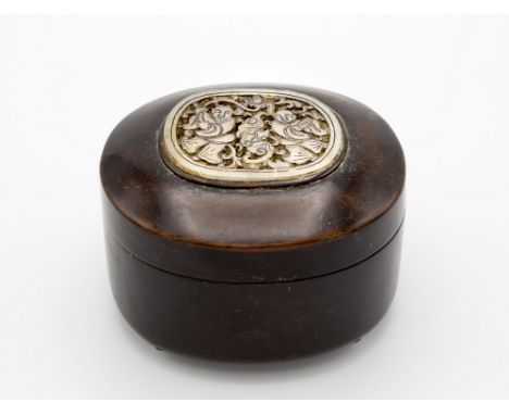 A Chinese jade mounted wooden pot and cover, 19th century, oval in form, concave under section with four pulled and raised su