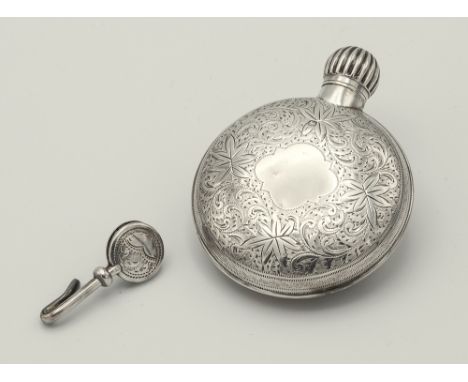 A late Victorian silver scent flask or bottle, James Dixon & Sons, Sheffield 1897, of moon flask form, with chased foliate an