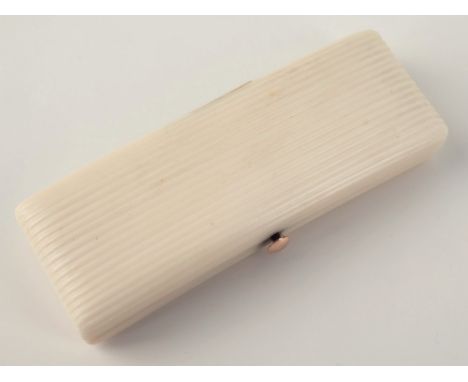 A 19th century ivory toothpick case, of gentle convex form with reeded lid and sides, rose gold button release and hinge, 2¼i