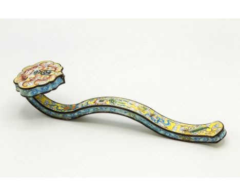 A Chinese Canton enamel Ruyi sceptre, 19th century, undulating handle with enamel decoration of many auspicious symbols over 