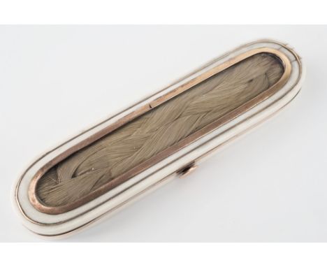 A 19th century ivory and rose gold wire work toothpick box, with trellis plaited hair reserve under convex dome, opening to r