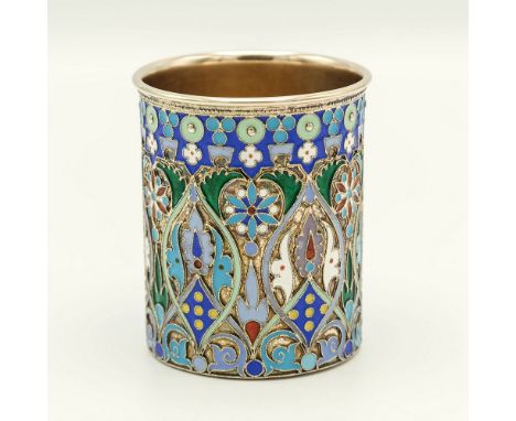A Russian silver gilt and cloisonné enamel beaker (charka), by Pavel Ovchinnikov, Russia 1908-1916, 84 standard, the cylindri