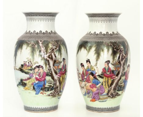 A fine pair of Chinese porcelain republic period vases, flared rims to waisted necks, over ovoid bodies with layered black wa