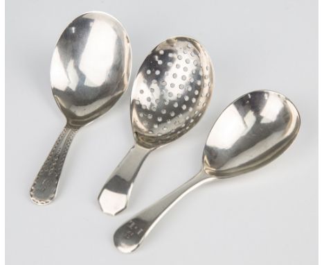 Three Georgian silver caddy spoons, including one sifter caddy spoon, makers mark 'JS', engraved 'I.R' to stem reverse, Londo