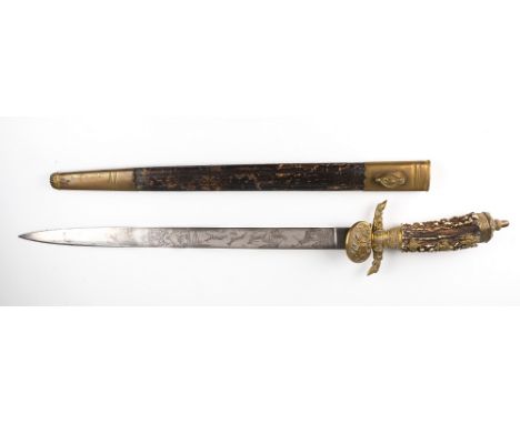 A German hunting / forestry cutlass, late 19th century, fine example, stag antler handle decorated with three vertical brass 