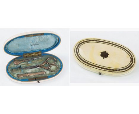 An ivory cased etui, early 19th century, oval ivory case with inlaid vacant reserve to centre, interior contents to include b