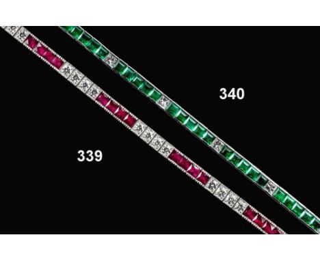 An 18ct white gold, ruby and diamond flexible line bracelet, hallmarked London 2007, set with alternate sets of four brillian
